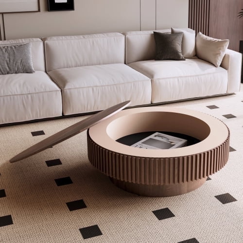 Kevinplus 39.37" Round Coffee Table with Storage Solid Wood Veneered Modern Tea Table for Living Room, Bedroom, Apartment,Walnut