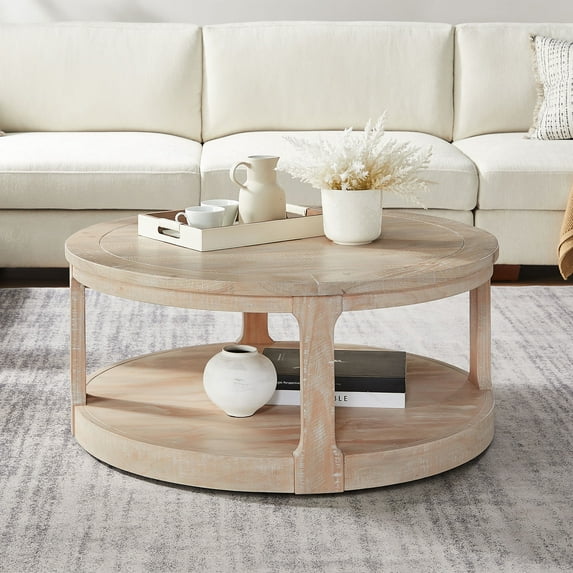 Kevinplus 40inch Large Curved 2 Tier Traditional Round Circle Wooden Center Coffee Table,Rounded Table with Wheels ,Mid Century Table for living Room,Office,Apartment,OAK