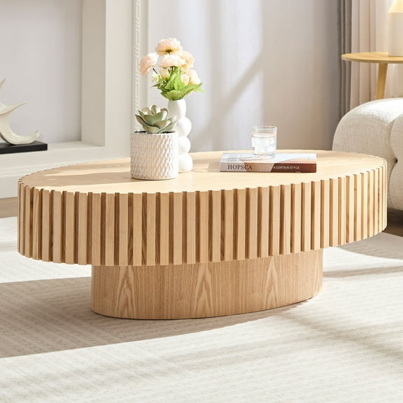 Kevinplus 43.7" Modern Handcraft Drum Oval Coffee Table with Sturdy Pedestal， Ellipse Coffee Tables for Living Room, Natural MDF
