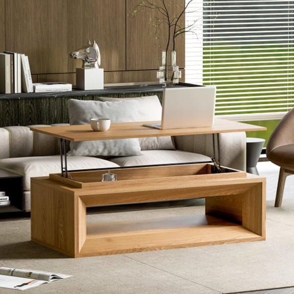 Kevinplus 43 Inch Lift Top Rectangle Coffee Table with Storage, Modern Wood Coffee Table with Floating Tabletop, Convertible Rising Tabletop for Living Room, Home Office, Natural