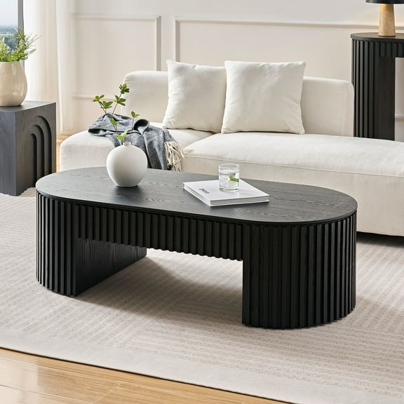 Kevinplus 51.18'' Oval Wood Coffee Table With Drawer Mid Century Modern Coffee Table Unique Coffee Table for Living Room Furniture, Tea Table BLACK