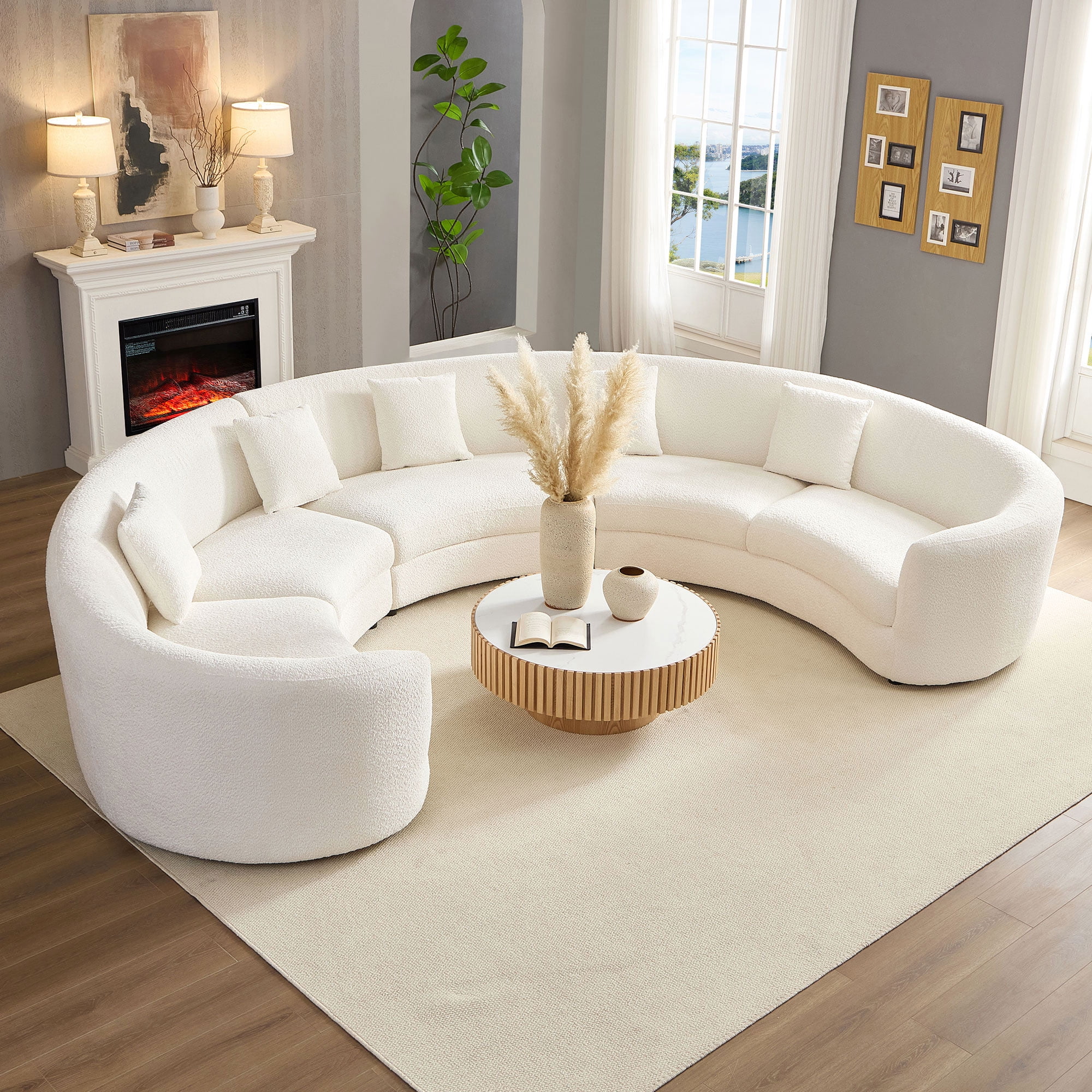 Kevinplus 6 Seat Oversized Curved Sectional Sofa, Mid-century Style Couch with 5 Pillows, Beige Boucle Fabric