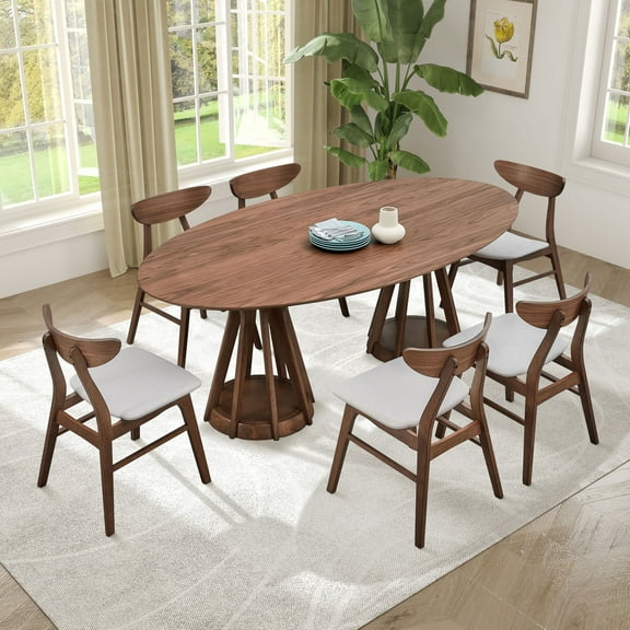 Kevinplus 78.74 Inch Modern Dining Table Ellipse Wooden Table for Living Room,Oval MDF Table with Sturdy Pedestal for Restaurant,Walnut