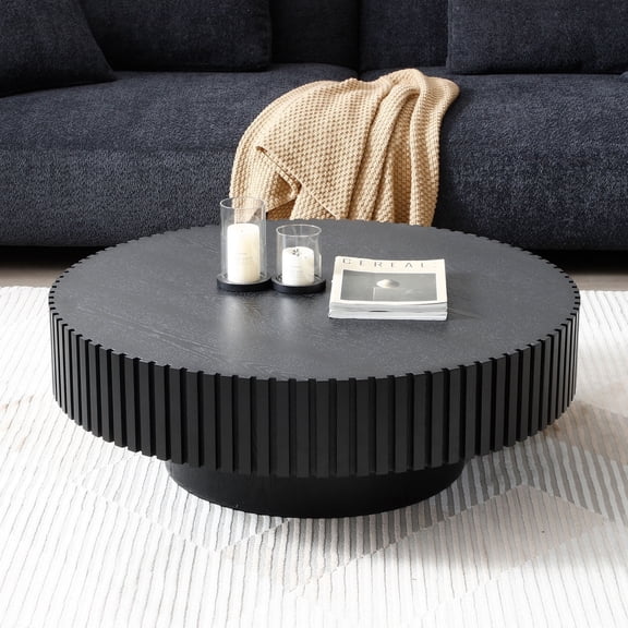 Kevinplus 39.27" Round Wood Coffee Table,Modern Handcraft Drum Coffee Tables for Living Room, Apartment, Black