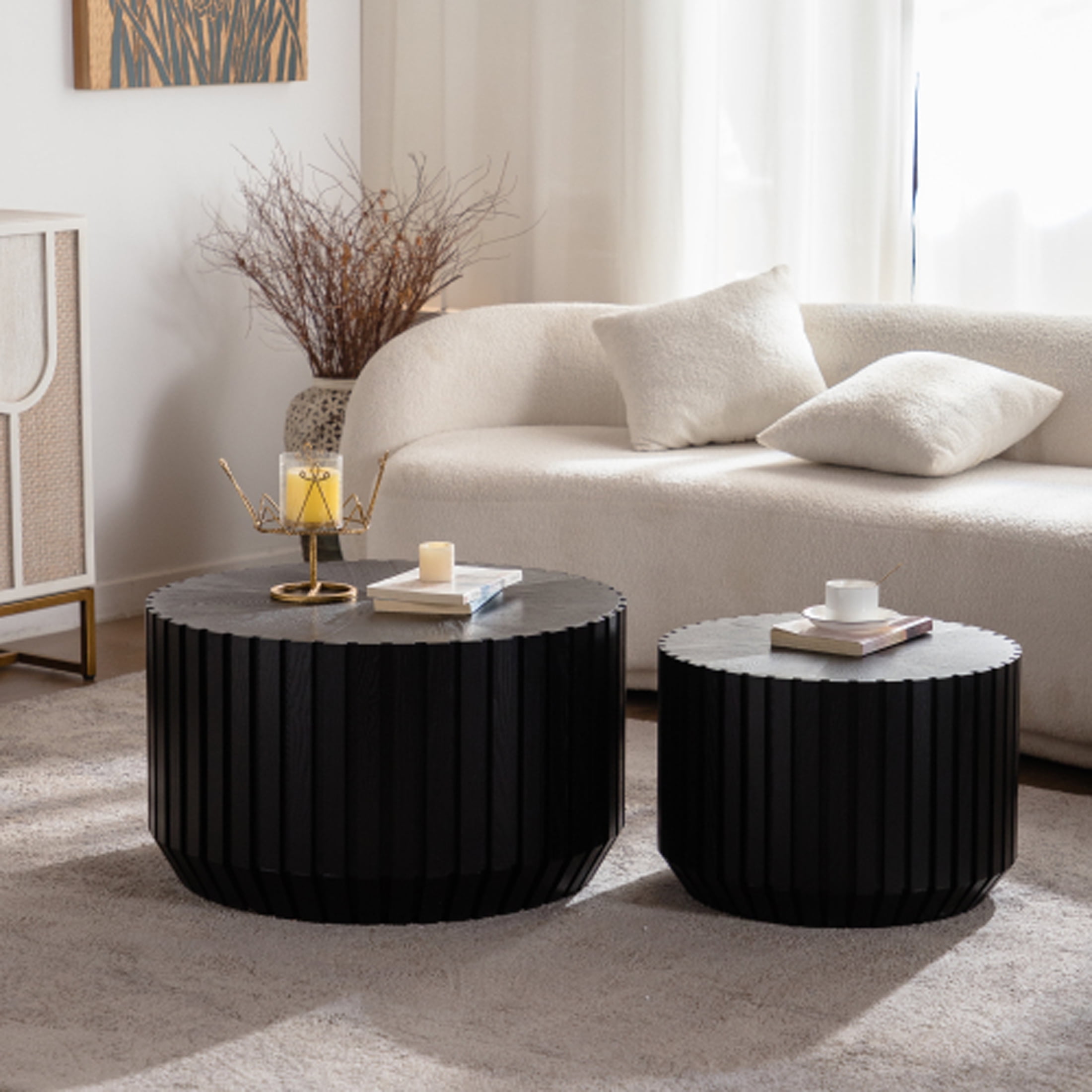 Kevinplus Black Coffee Table Set of 2,Solid Wood Nesting Tables with for Living Room, Small Spaces Apartment, No Need Assembly