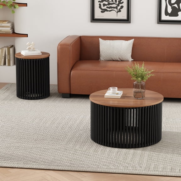 Kevinplus Coffee Table Set of 2, Wood Nesting Tables for Living Room, Natural, Black