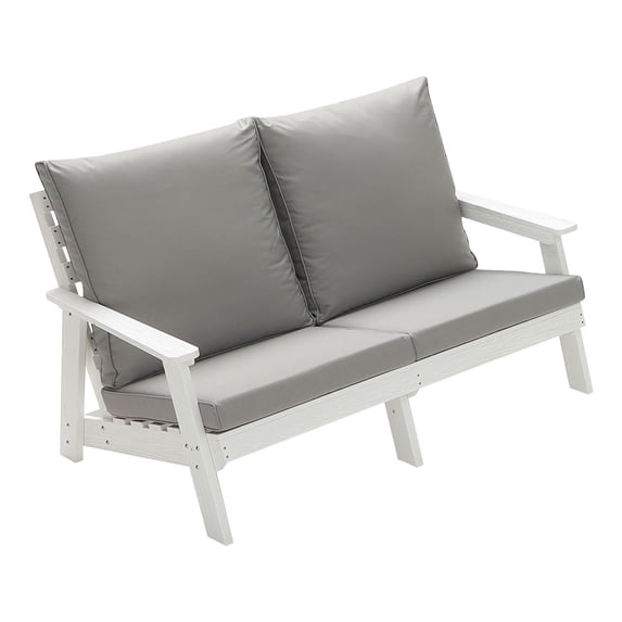 Kevinplus HIPS Loveseat with Cushion, Wood Grain Outdoor Garden Sofa,White/Grey