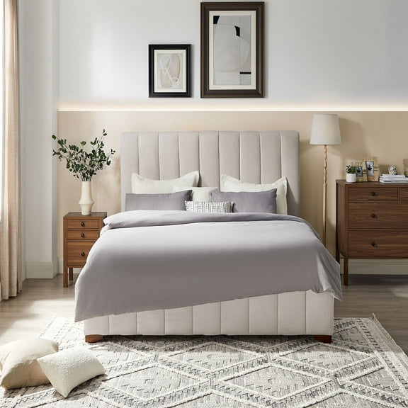 Kevinplus Full Size Modern Design Bed Frame Upholstered Queen Bed Frame Platform with Headboard Fabric Headboard Wooden Slats Support, No Box Spring Needed,Mattress Foundation,White