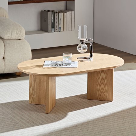 Kevinplus Oval Coffee Tables with Sturdy Pedestal for Living Room, Small Apartment, Oak, 39.37 Inch