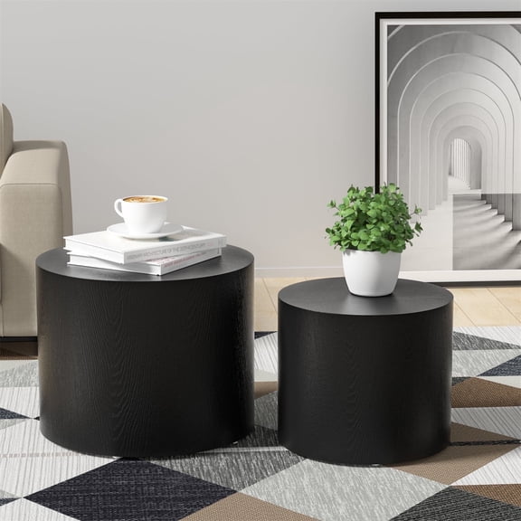 Kevinplus Modern Black Coffee Table Set of 2, Round Nesting Table for Living Room, Apartment