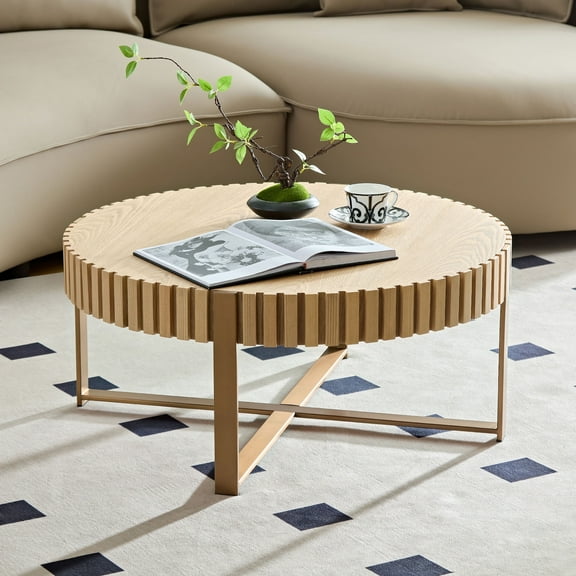Kevinplus 31.5" Round Small Coffee Table, Handcraft Drum Coffee Table for Living Room, with Sturdy Pedestal,Natural Ash