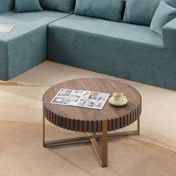 Kevinplus 31.5 ” Modern Round Handcraft Drum Coffee Table with Sturdy Pedestal for Living Room, Walnut