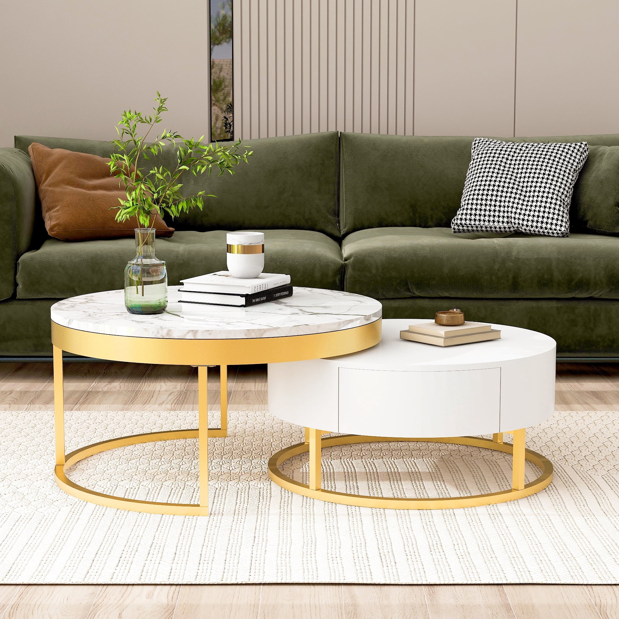 Kevinplus Modern Round Nesting Coffee Table with Drawers in White ...