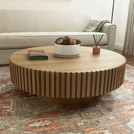 Kevinplus "39.37'' Round Wood Coffee Table, Handcrafted Drum Coffee Table for Living Room, Small Space Apartment Furniture, Natural