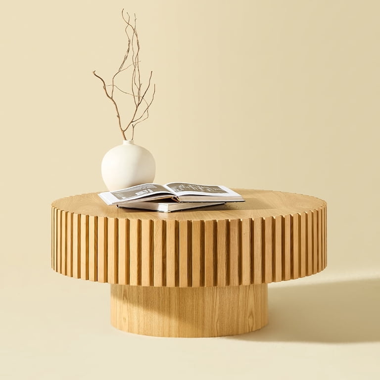 39.37 Inch Round Drum Coffee Table - Fluted Wood Pedestal, Modern Living Room Center Table