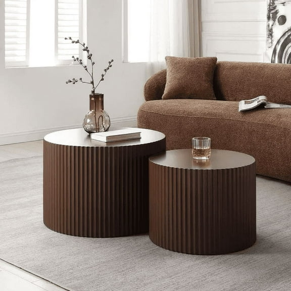 Kevinplus Nesting Coffee Table Set of 2, Matte Brown Round Wooden Coffee Tables, Modern Luxury Side Tables Accent End Table for Living Room Apartment