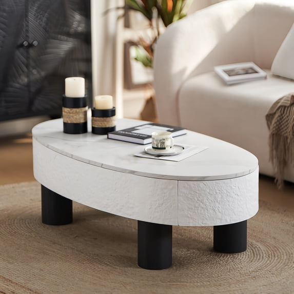 Kevinplus Oval Coffee Table with Faux Marble Tabletop, Mid Century Modern Coffee Table with Hidden Drawer and Storage Space , Coffee Table for Living Room, Bedroom, Office,White+Black