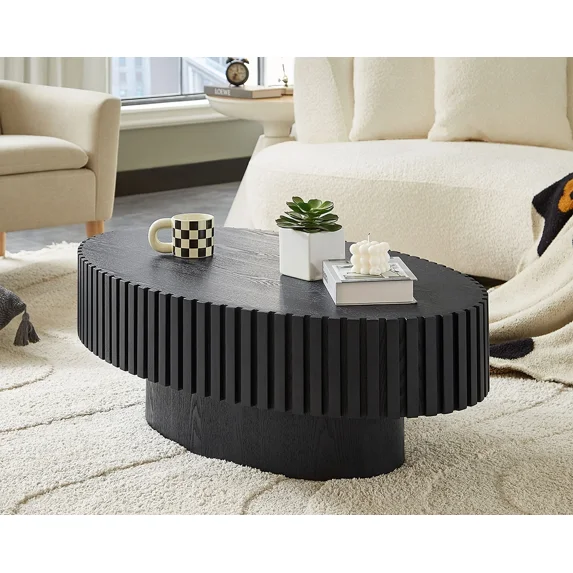Kevinplus Oval Coffee Table with Sturdy Pedestal for Living Room,Black , 43.7 inch
