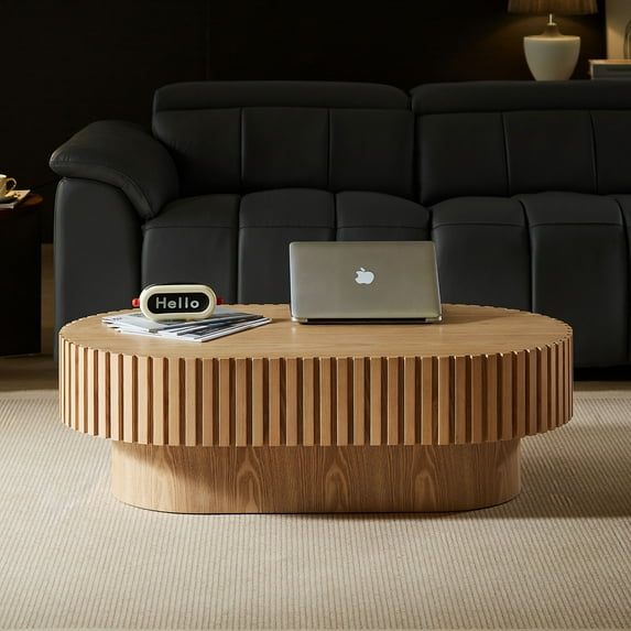 Kevinplus Oval Small Wooden Coffee Table with Sturdy Pedestal for Office,Living Room, Natural, 43.7 inch