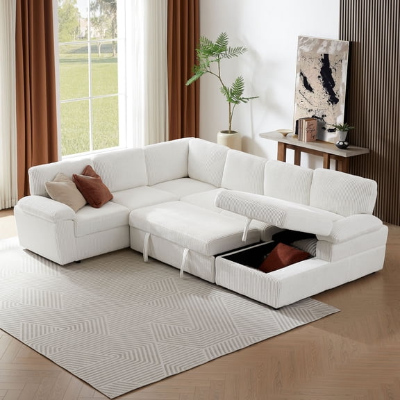 Kevinplus 118 Inch L/U Shaped Sectional Couch, Corduroy 4 Seat Convertible Sofa Bed for Living Room Apartment Office