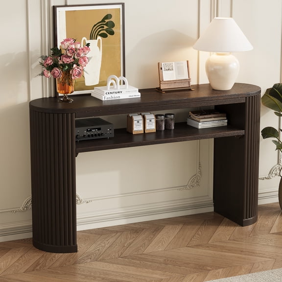 Kevinplus Pustic Console Table with Fluted Legs - Farmhouse Entryway Sofa Table, Vintage Oval Hallway Accent Table with Ash Veneer Top and Glaze Finish, Open Shelf, Espresso
