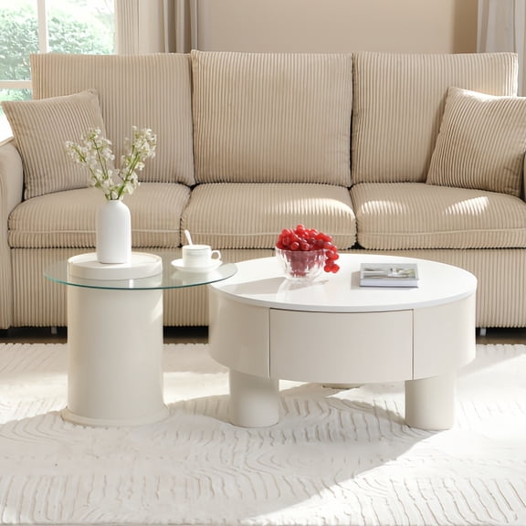Kevinplus Round Nesting Coffee Table Set of 2, Coffee Table with Storage Drawer, White Plastic Center Table for Living Room