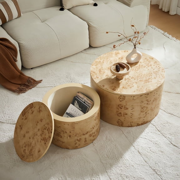 Kevinplus Round Nesting Coffee Table Set of 2 with Storage Tables with Adjustable Feet, Burl Wood Veneer, Brown