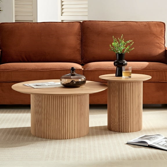 Kevinplus Set of 2 Round Side Table and Coffee table Circle Small Accent Table for Living Room, Oak