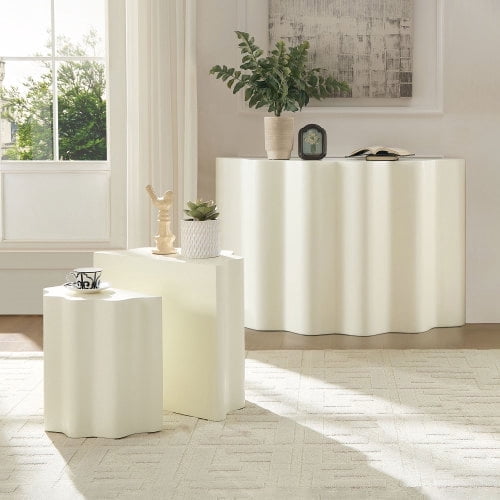 Kevinplus Side Table and Console Table Set, Modern Wavy Edges Design Fiberglass Coffee Table and Entryway Table for Living Room