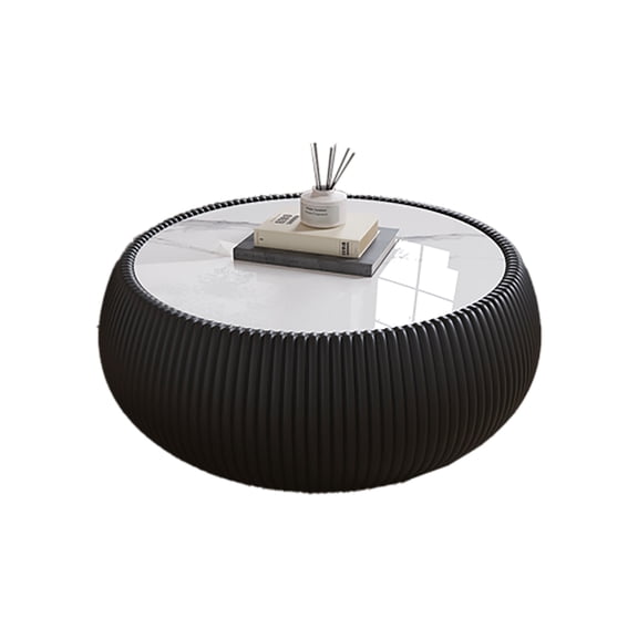 Kevinplus Stone Top Drum Shape Leather Coffee Table for Living Room Furniture,Black,27.55 Inch