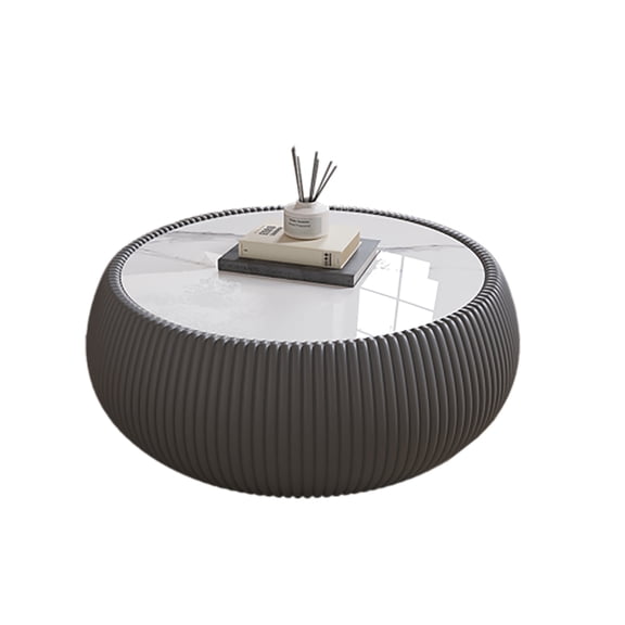 Kevinplus Stone Top Drum Shape Leather Coffee Table for Living Room Furniture,Grey,27.55 Inch