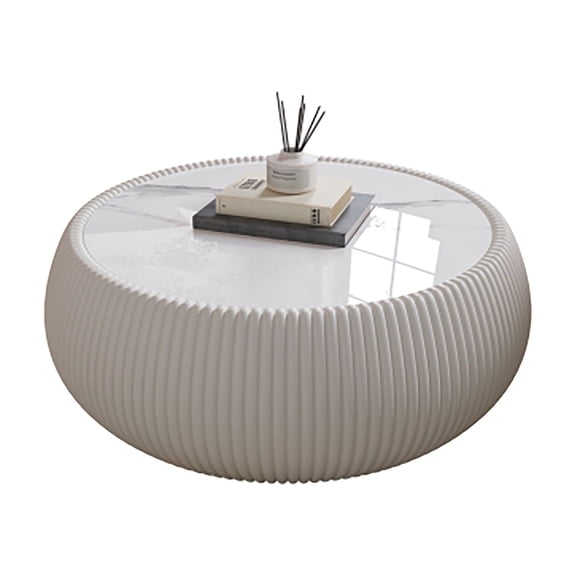 Kevinplus Stone Top Drum Shape Leather Coffee Table for Living Room Furniture,White,27.55 Inch