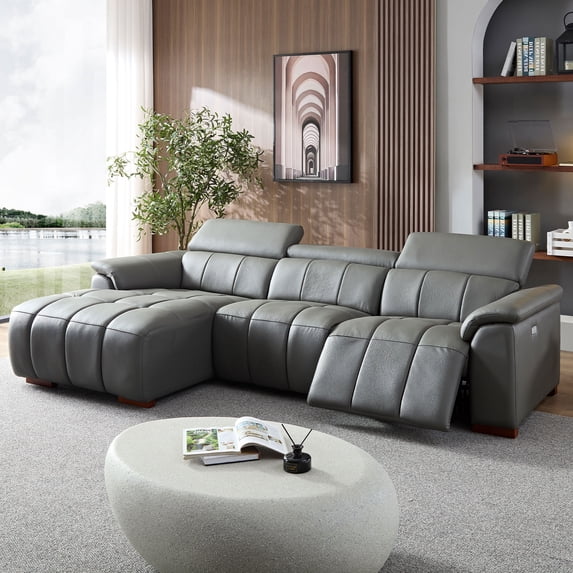Kevinplus Wall-Hugger Reclining Sofa Modern Manual Control Genuine Leather L Shaped Couch,Lounge Seat with USB Port,Grey