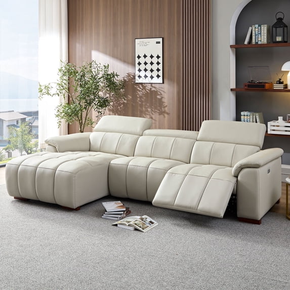 Kevinplus Wall-Hugger Reclining Sofa Modern Manual Control Genuine Leather L Shaped Couch,Lounge Seat with USB Port,Light Grey