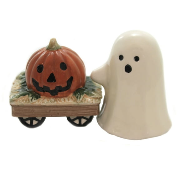 Kevins Gift Shoppe Ceramic Friendly Ghost And Pumpkin Wagon Halloween Salt And Pepper Shakers