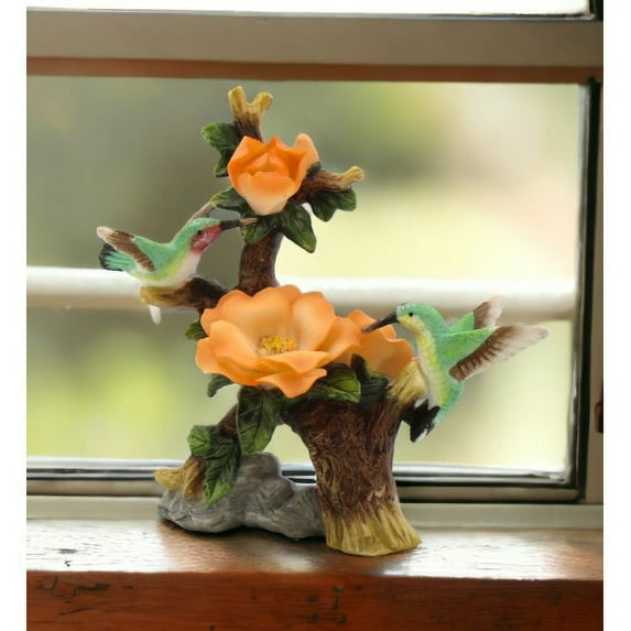 Kevins Gift Shoppe Ceramic Hummingbirds with Orange Rose Flower Figurine