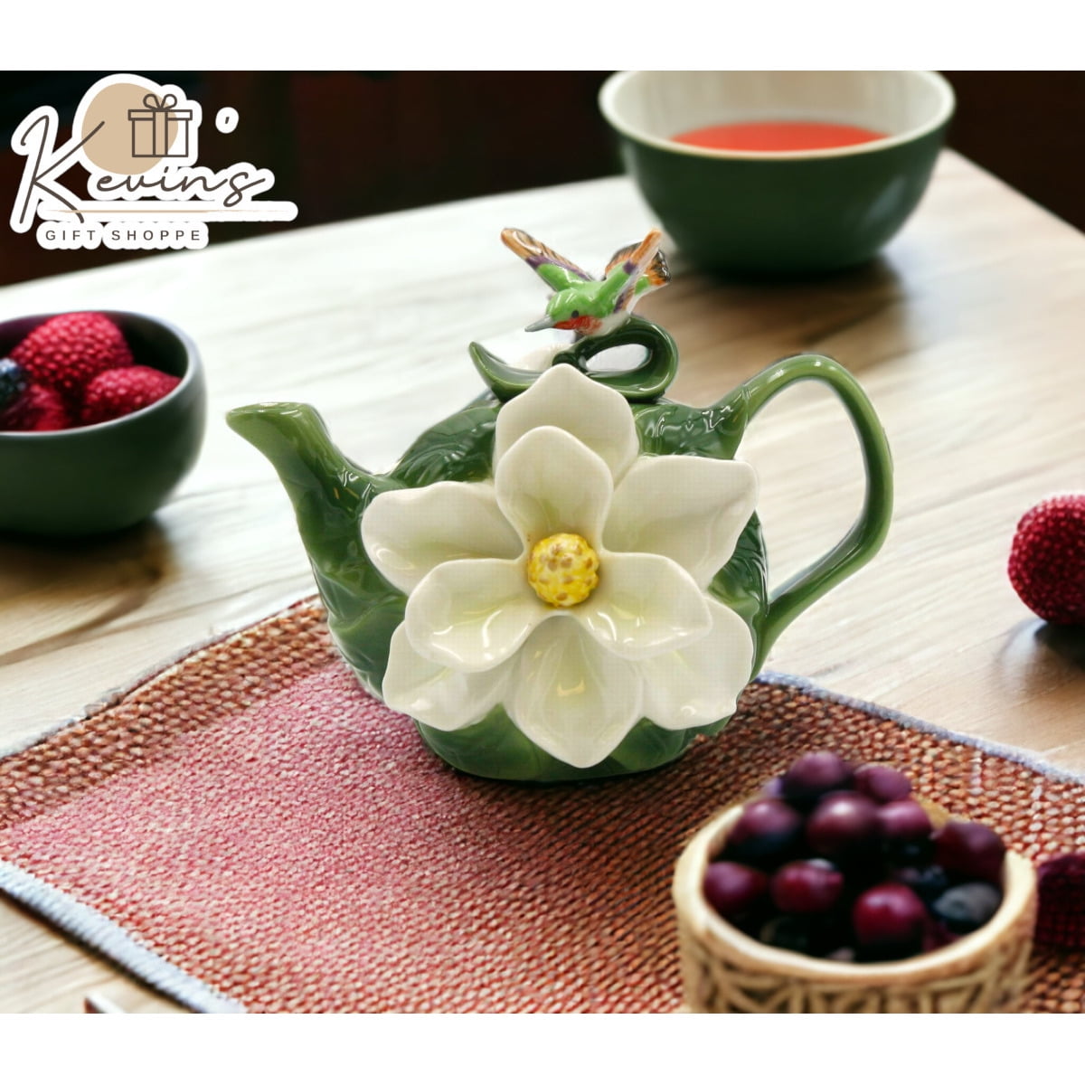 Hand-Painted Ceramic Magnolia Flower Teapot with Hummingbird Lid