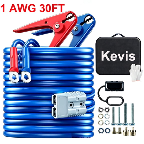 Kevis Heavy Duty Quick Connect Jumper Cables, 1 Gauge, 30 ft, 800 Amp with Carry Bag