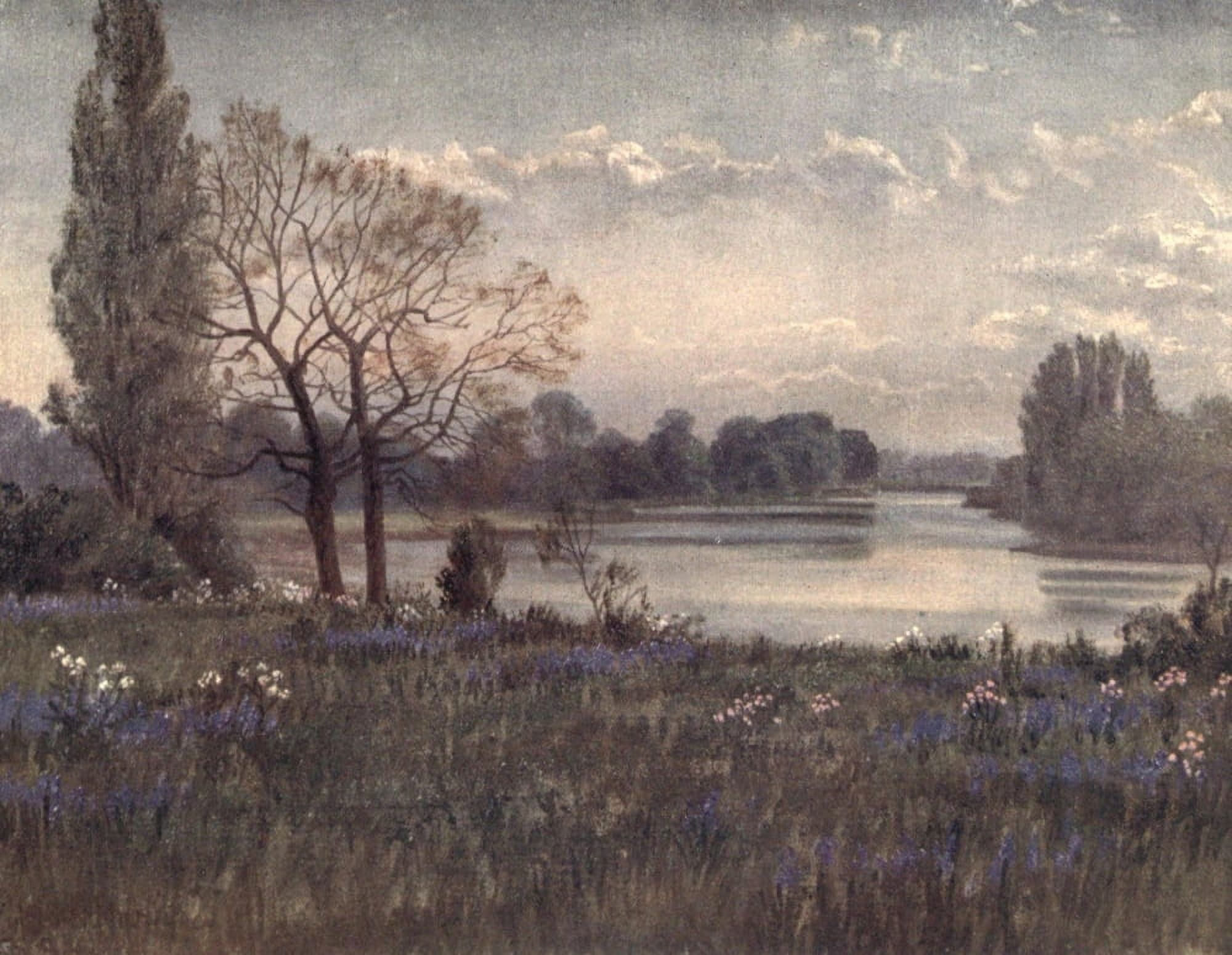Kew Gardens 1908 Looking up the Thames Canvas Art - T Mower Martin (18 x 24)