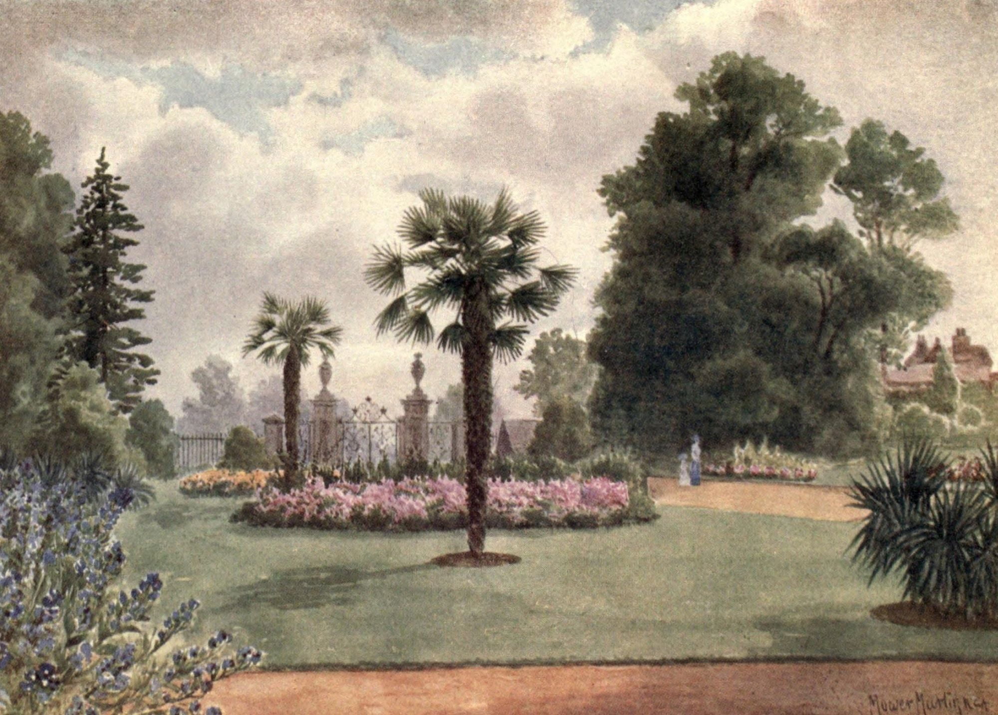Kew Gardens 1908 Palm Trees & Main Gate Canvas Art - T Mower Martin (24 x 36)