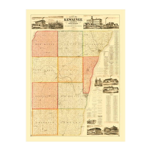 Kewaunee County Wisconsin Art, 1895 Vintage Map of Kewaunee County WI History Wall Decor Gift, Old Kewaunee County WI Map - 18" x 24" Unframed Print