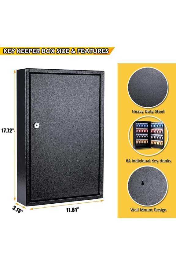 Key Box Wall Mount 64 Position Metal Locking Key Cabinet Organizer with Key Tags Key Safe Security Storage Lockbox Holder for Valets, Hotels, Car and House Keys, Key Keeper Box - Black