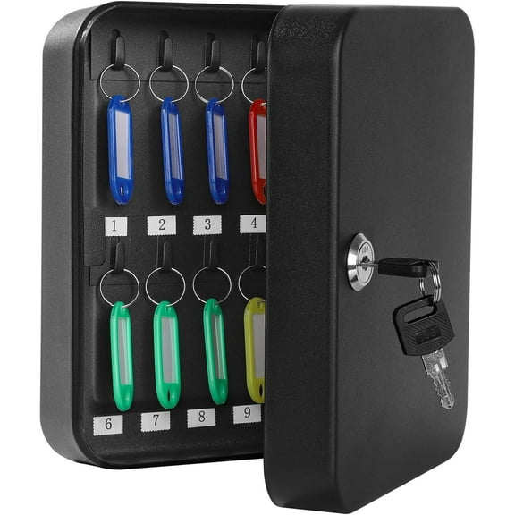 Key Cabinet Wall Mount, Locking Key Box Organizer, Key Lock Box with Key, Key Holder Lock Box for Wall, 20 Key Hooks & Tags Key Lab,7.8"x6.3"x3.14" Black