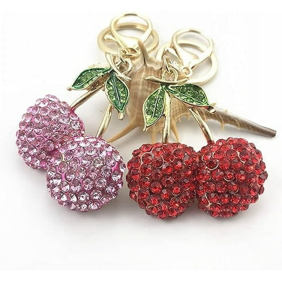 Key Chains for Car Keys, Cherry Keychain, Cute Rhinestone Fruit with Leaves Keychain, Zinc Alloy and Crystal Bag Accessories for Women and Girls, Pink