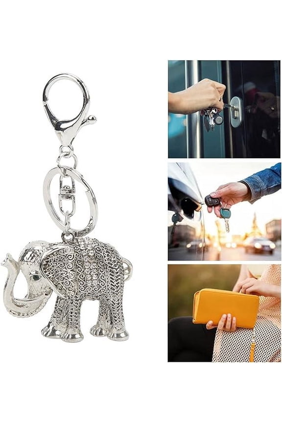 Key Chains for Car Keys, Cute Keychain, Colorfast Seamless Welding Elephant Rhinestone Keychain with Elastic Hook, High Quality Zinc Alloy and Crystal Bag or Car Accessories for Women and Men, Silver