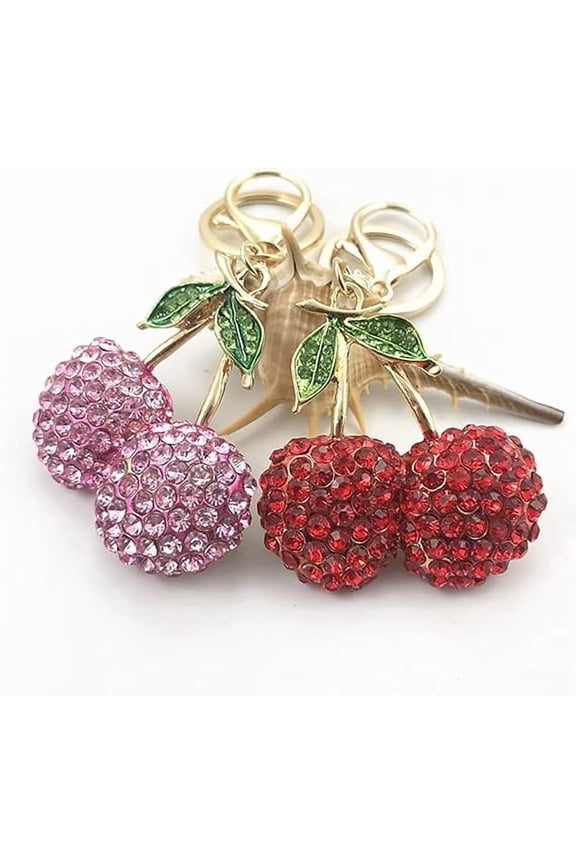 Key Chains for Car Keys, Cherry Keychain, Cute Rhinestone Fruit with Leaves Keychain, Zinc Alloy and Crystal Bag Accessories for Women and Girls, Red