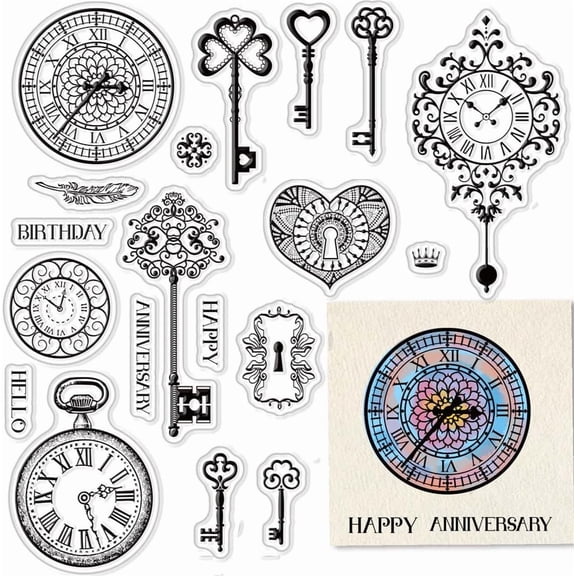 Key Clear Stamps for Card Making Decoration Scrapbooking Supplies Clock Clear Stamps Pocket Watches Transparent Rubber Stamps DIY