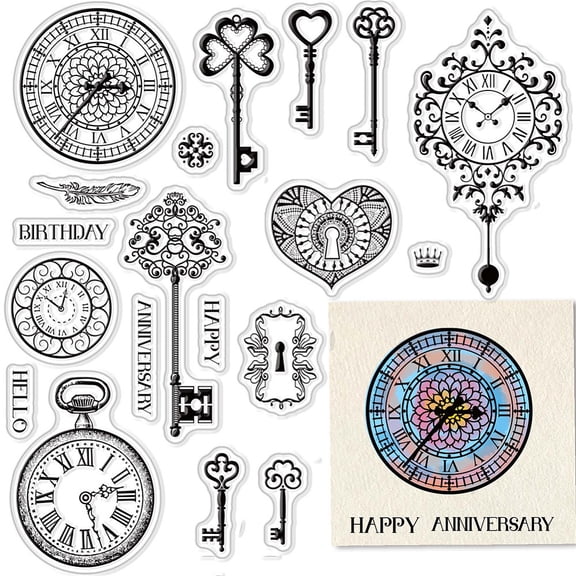 Key Clear Stamps for Card Making Decoration Scrapbooking Supplies Clock Clear Stamps Pocket Watches Transparent Rubber Stamps for Paper
