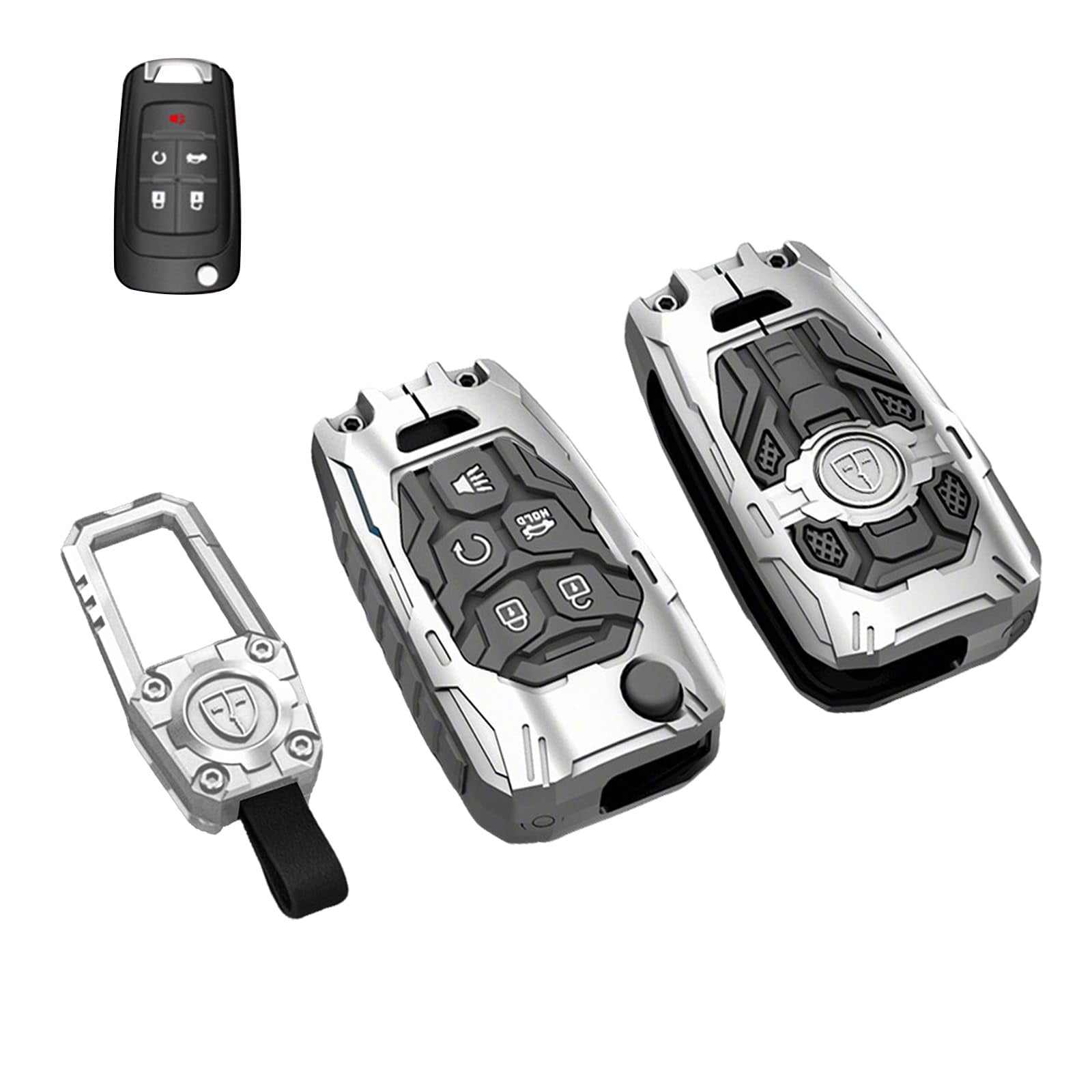 Key Cover Case, Metal Key Fob Case Protector Shell Compatible with Chevy Chevrolet Camaro Cruze Equinox Malibu Trailblazer Impala Sonic Buick Cascada Encore(5 Buttons