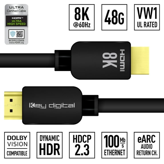 Key Digital 10ft (3m) 8K 48Gbps Ultra High Speed HDMI Cable Dynamic HDR, Dolby® Vision, Black KD-Pro8K10BX